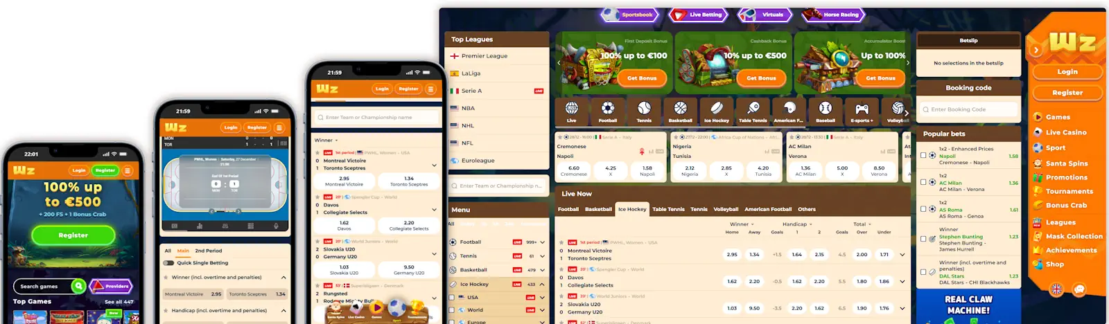 Wazamba Hockey Betting Desktop and Mobile Screenshots Banner